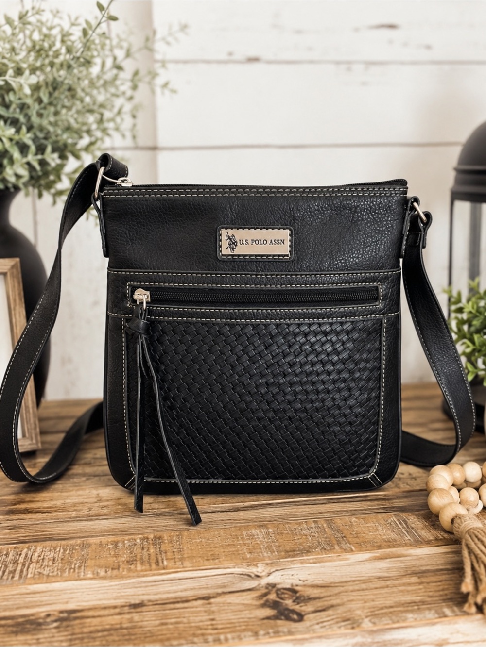 U.S. Polo Assn Black Woven Crossbody Bag Faux Leather Adjustable Strap